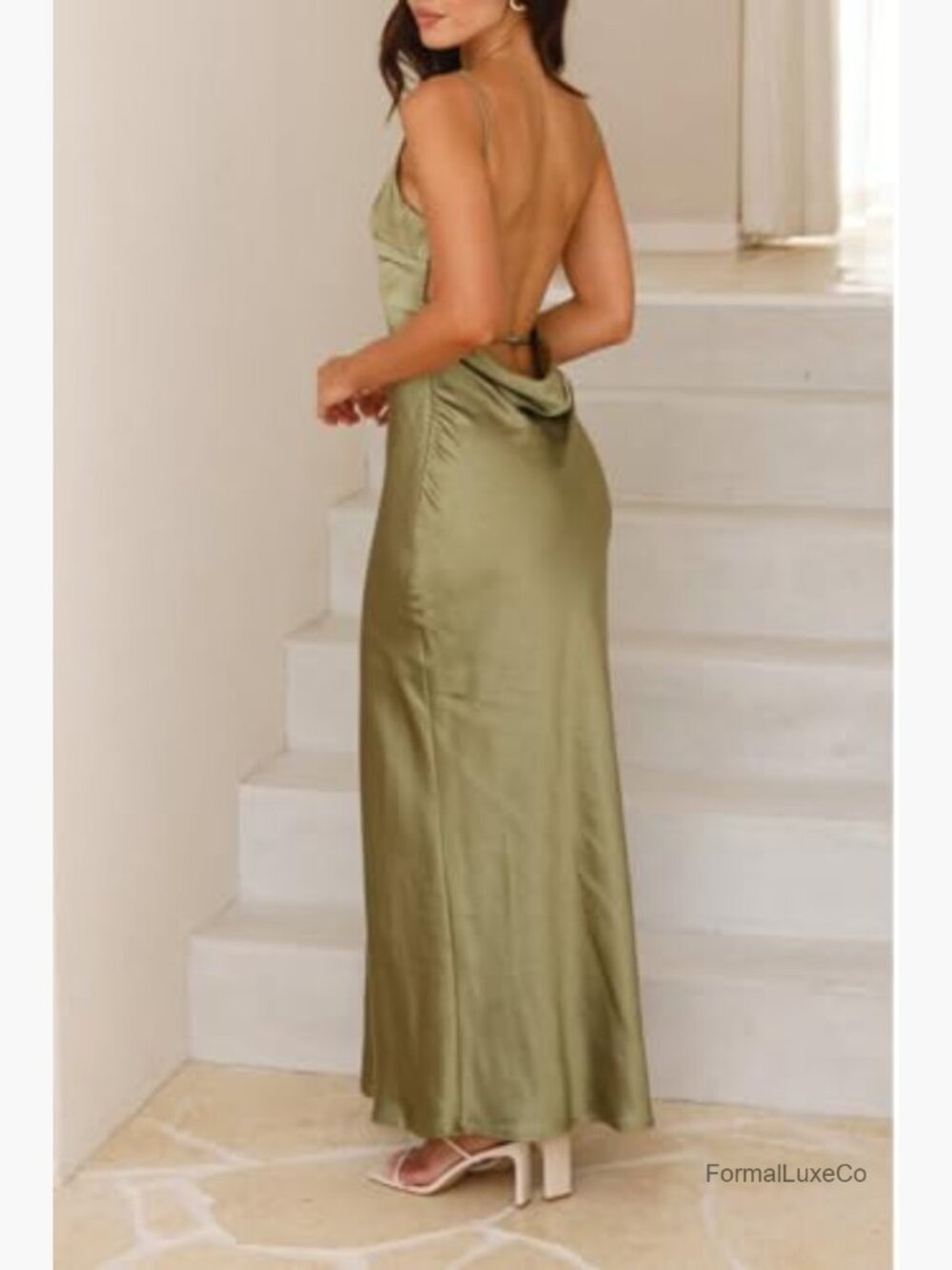 Elegant Satin Formal Maxi Dress Sleeveless Open Back Spaghetti Strap Wedding - Picture 3 of 6